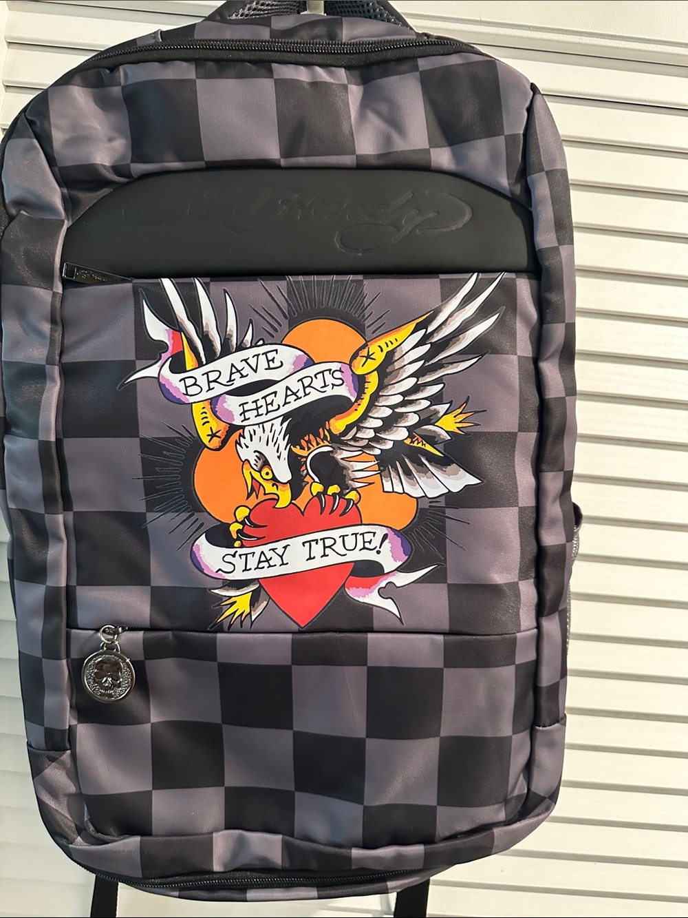 NWT Ed Hardy Sateen Brave Hearts Stay True 
X-Large Backpack with multi-Slots.